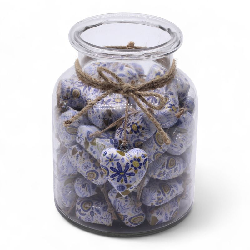 Large Decor Wood Hearts -  Blue Floral (50) - in Display Jar