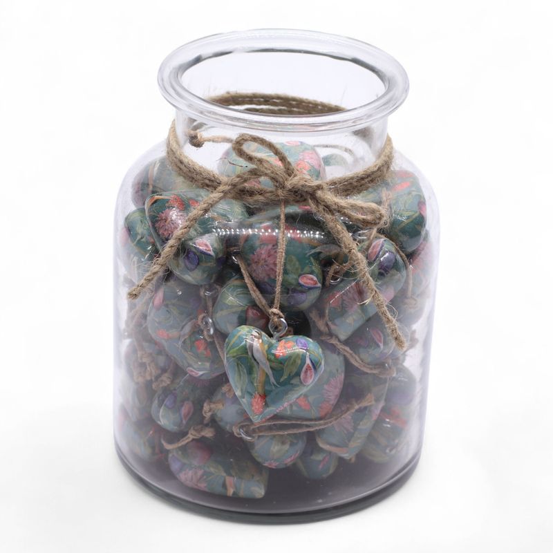 Large Decor Wood Hearts -  Bird & Floral (50) - in Display Jar