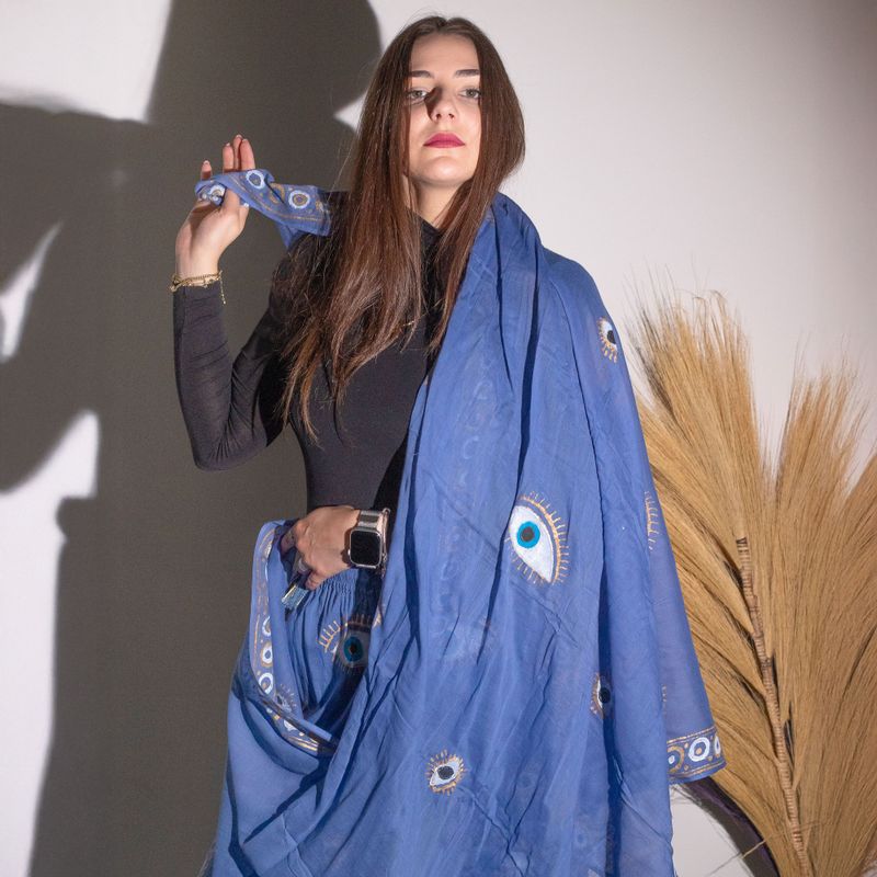 Rich Blue & Gold Evil Eye Handpainted Nomad Sari Pario