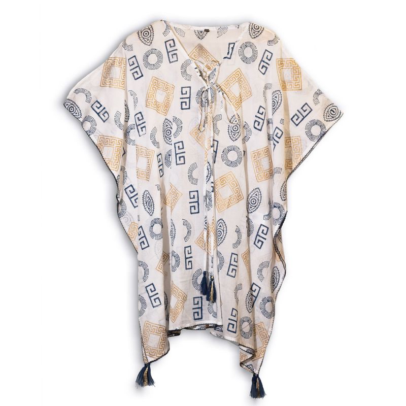 Gold & Blue Greek Motif Handpainted Nomad Sari Kaftan