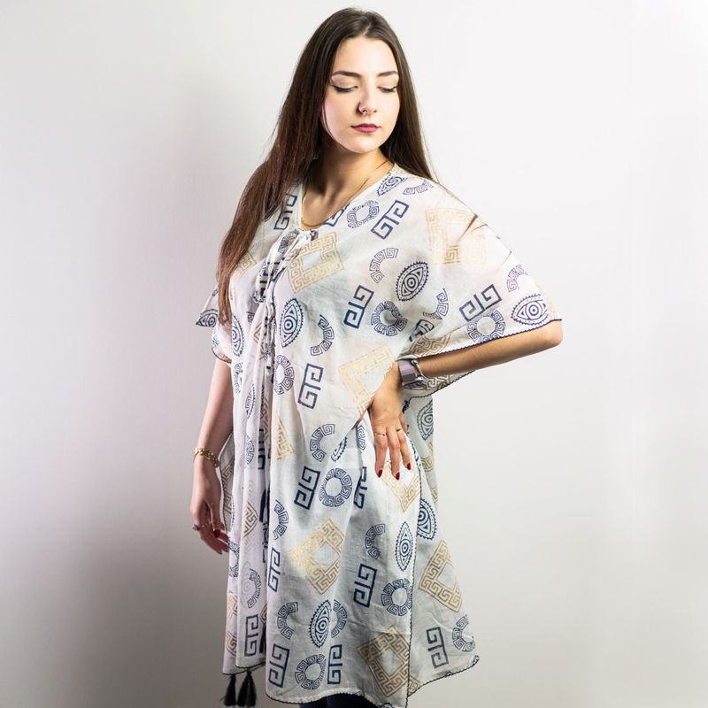 Gold & Blue Greek Motif Handpainted Nomad Sari Kaftan