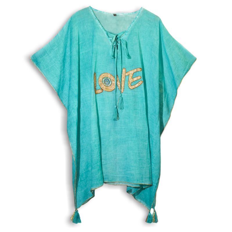 Turquoise & Gold Love Handpainted Nomad Sari Kaftan