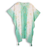 White, Turquoise & Gold Fish Handpainted Nomad Sari Kaftan