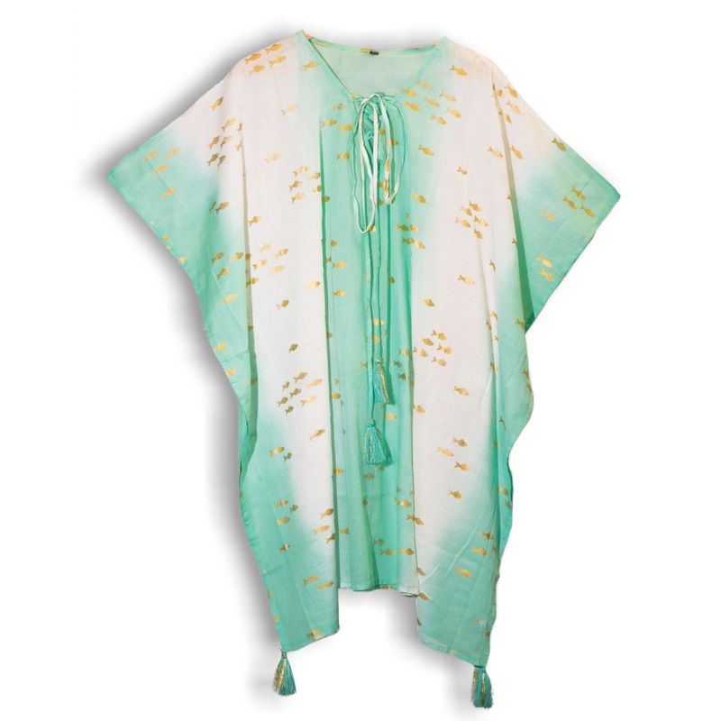 White, Turquoise & Gold Fish Handpainted Nomad Sari Kaftan