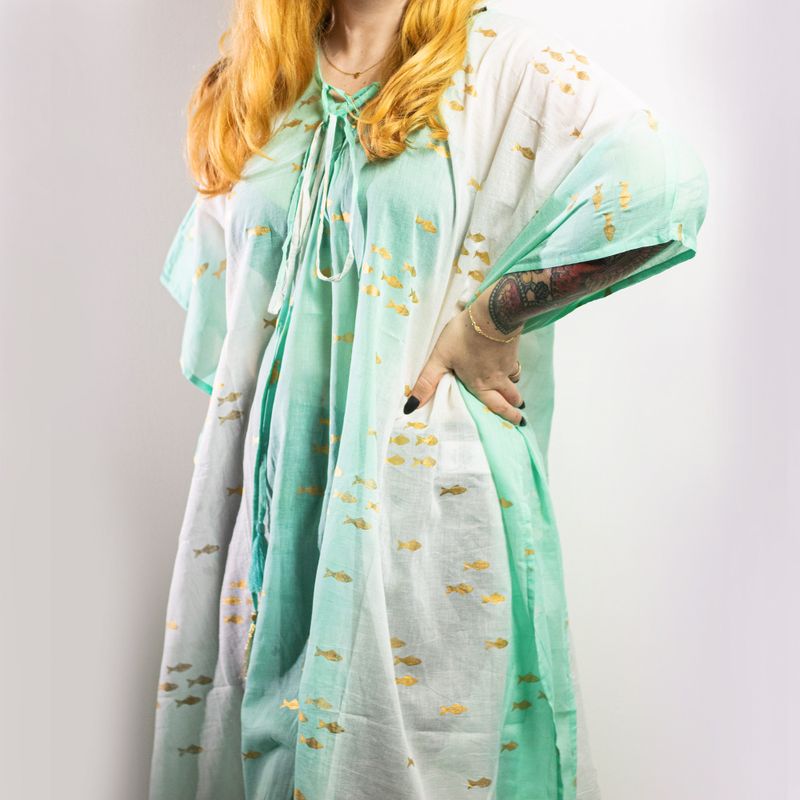 White, Turquoise & Gold Fish Handpainted Nomad Sari Kaftan