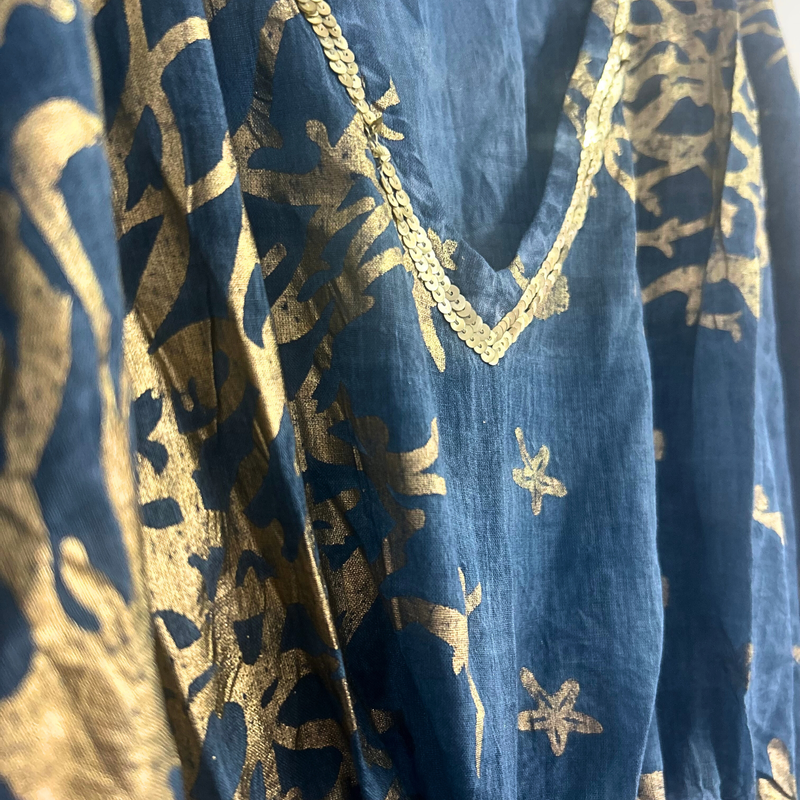 Sea Blue & Gold Coral Design Handpainted Nomad Sari Kaftan