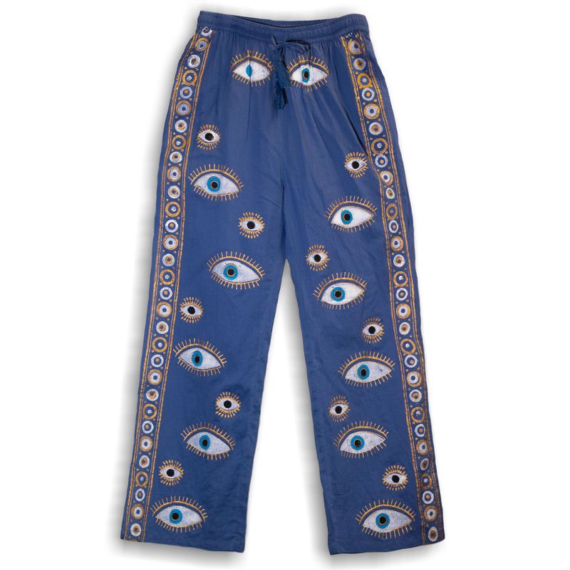 Rich Blue & Gold Evil Eye M/L Handpainted Nomad Sari Pants