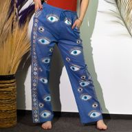 Rich Blue & Gold Evil Eye M/L Handpainted Nomad Sari Pants