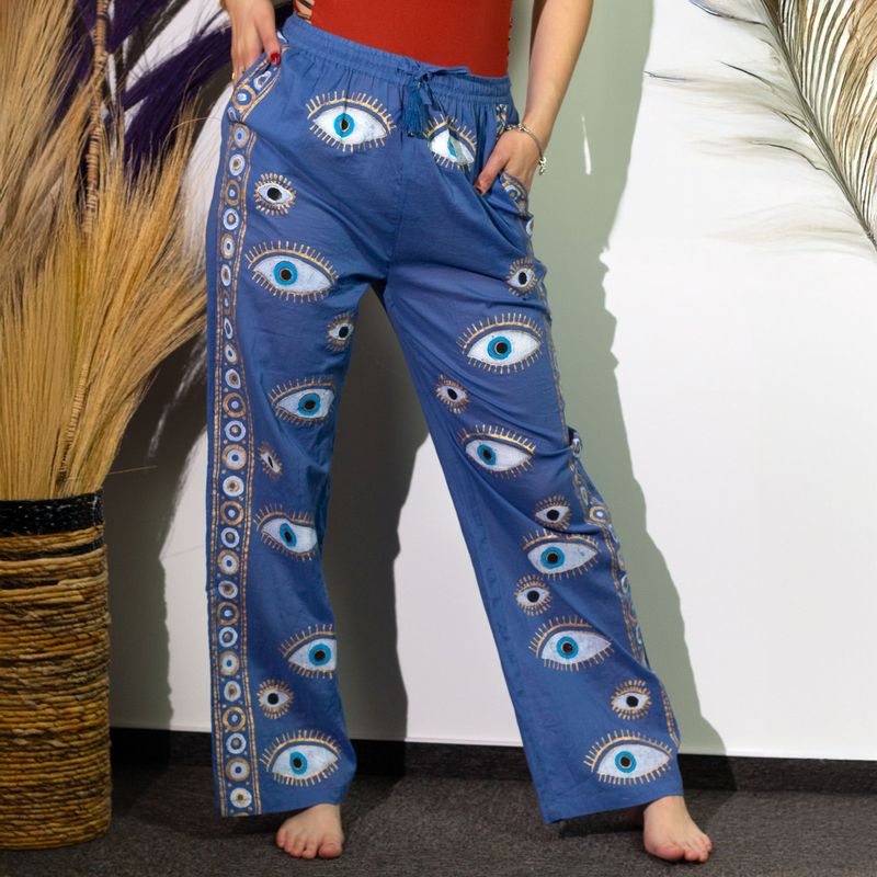 Rich Blue & Gold Evil Eye M/L Handpainted Nomad Sari Pants