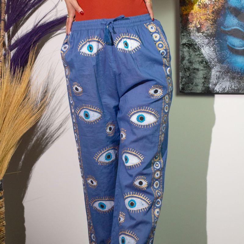 Rich Blue & Gold Evil Eye M/L Handpainted Nomad Sari Pants