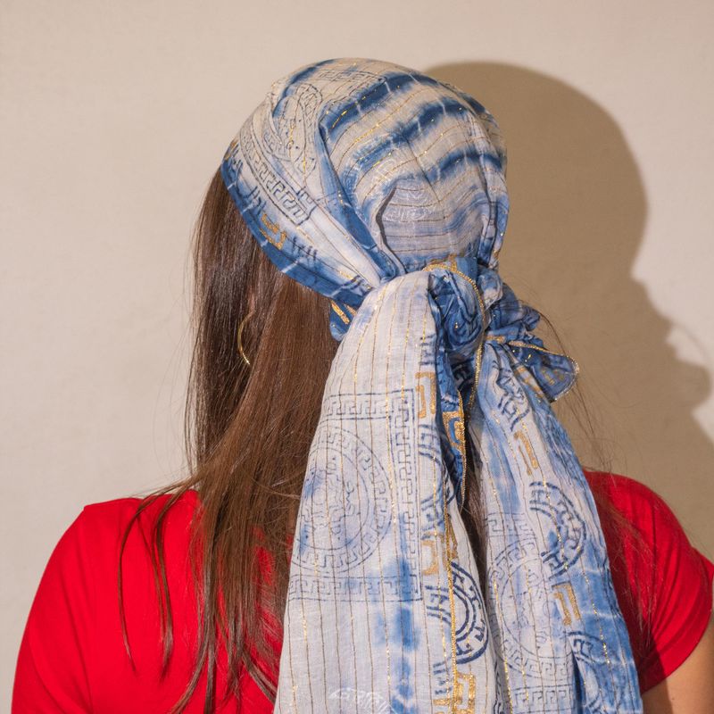 Summer Scarf -  180x50cm - Marbella Print - Blue with Gold Trim