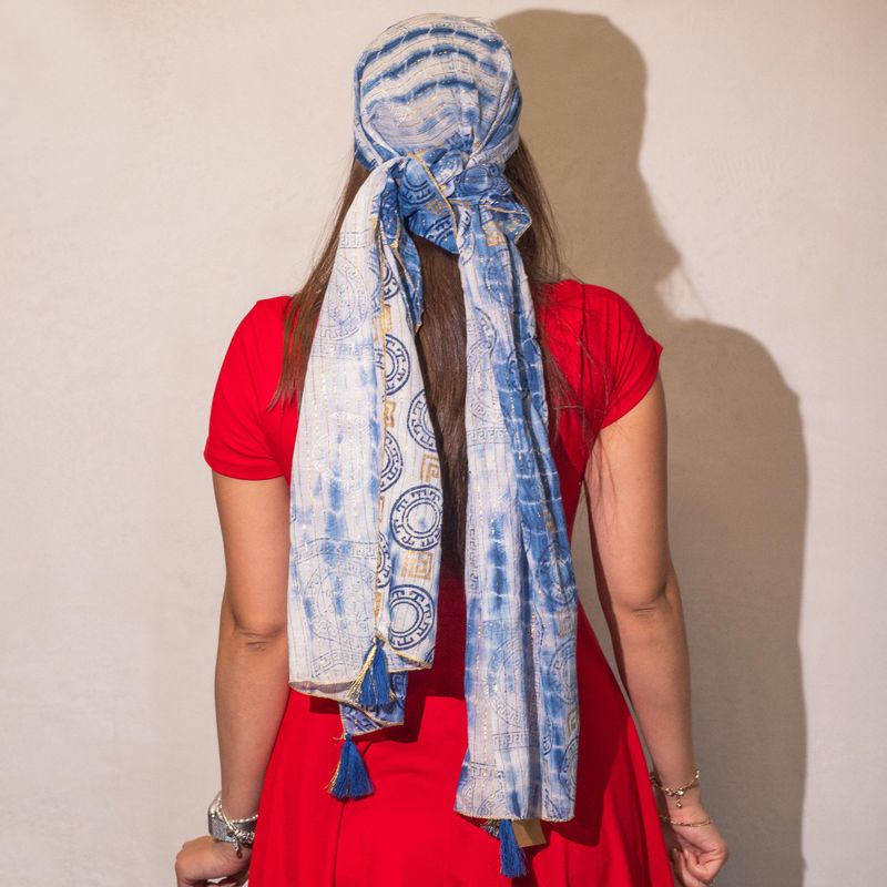 Summer Scarf -  180x50cm - Marbella Print - Blue with Gold Trim