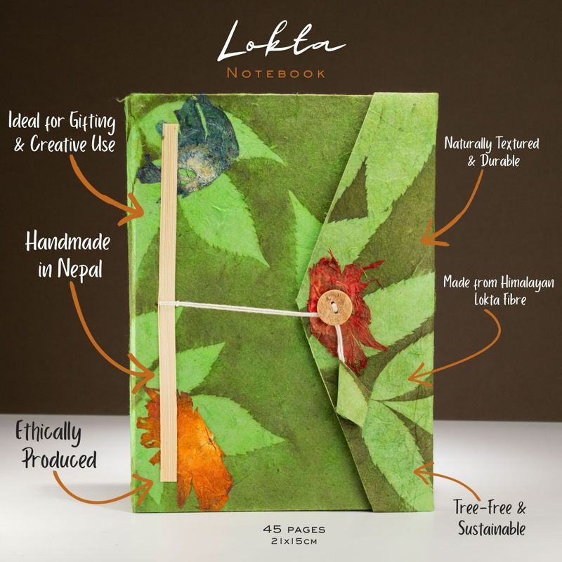 Lrg Lokta Bold Floral - Notebook (21x15cm) - 45 leafs - inc bookmark - Moss Green