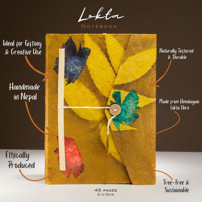 Lrg Lokta Bold Floral - Notebook (21x15cm) - 45 leafs - inc bookmark - Mustard Brown