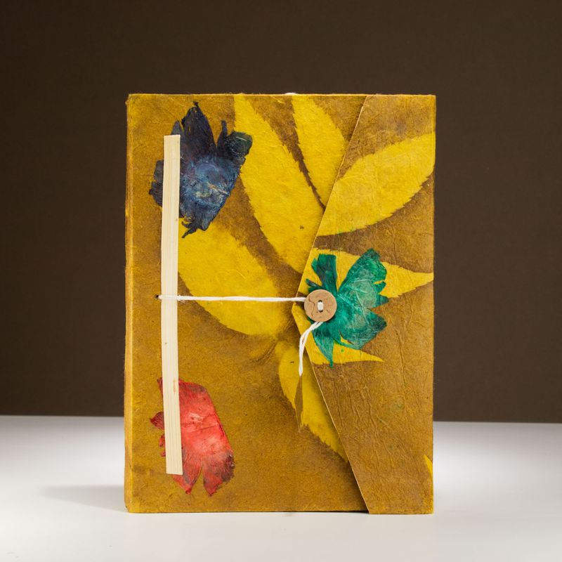 Lrg Lokta Bold Floral - Notebook (21x15cm) - 45 leafs - inc bookmark - Mustard Brown