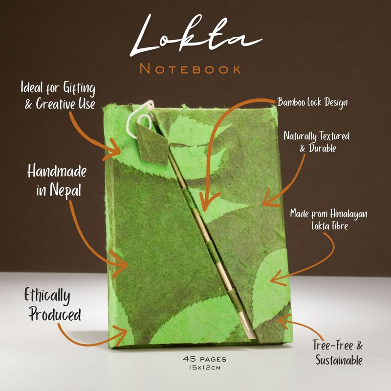 Med Lokta Bold Floral Bamboo Lock Notebook Lrg (15x12cm) - 45 leafs - Moss Green