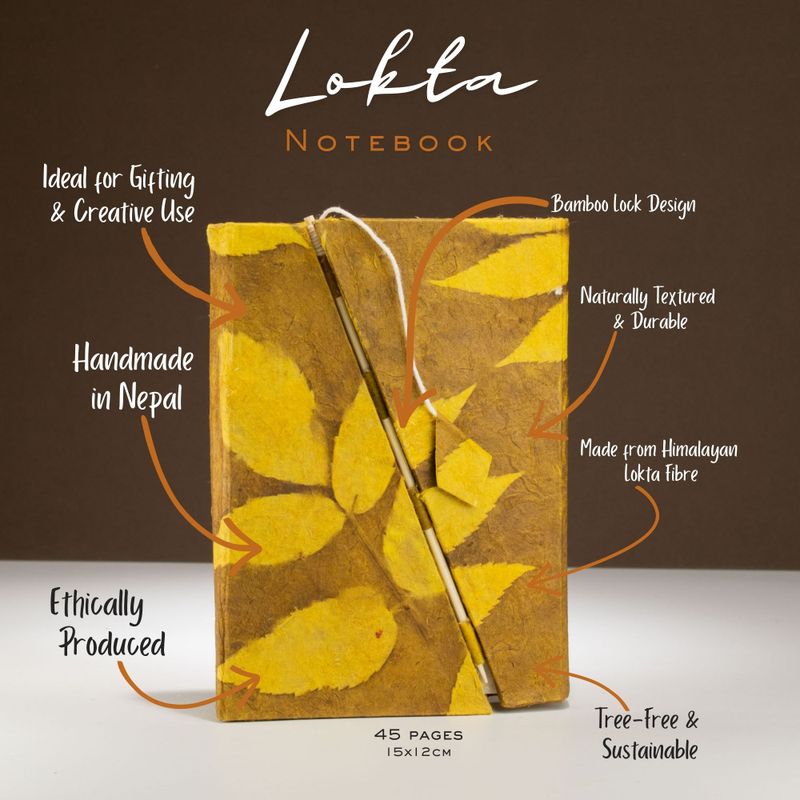 Med Lokta Bold Floral Bamboo Lock Notebook Lrg (15x12cm) - 45 leafs - Mustard Brown