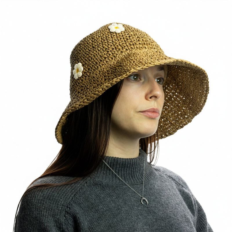 Floppy Straw Sun Hat - Coffee & Daisies