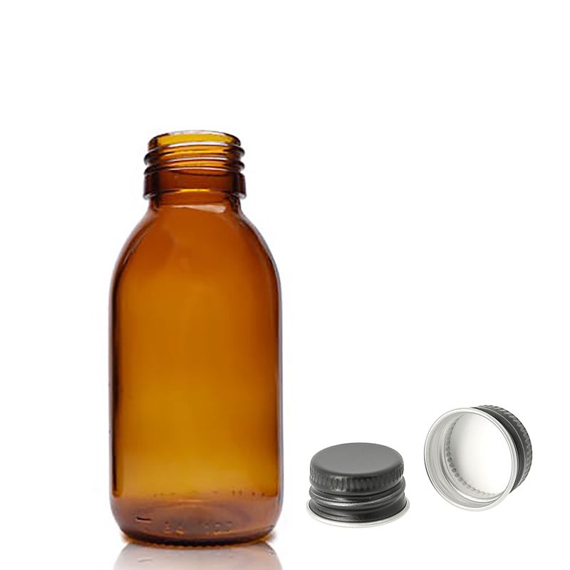 100ml Amber Glass Medicine Bottle with Aluminium Black Cap
