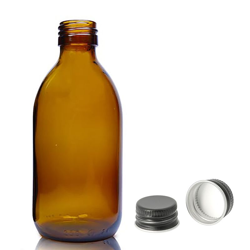 250ml Amber Glass Medicine Bottle with Aluminium Black Cap