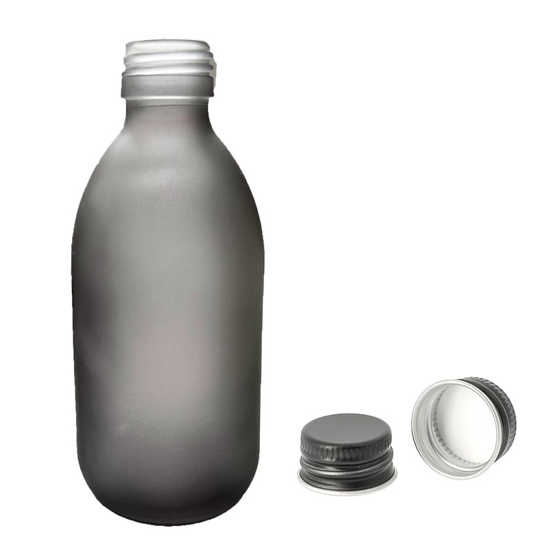300ml Grey Frosted Glass Medicine Bottle with Aluminium Black Cap