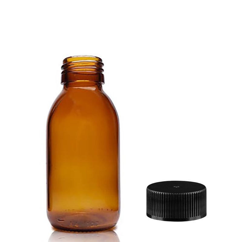 100ml Amber Glass Medicine Bottle with Black Plastic Cap