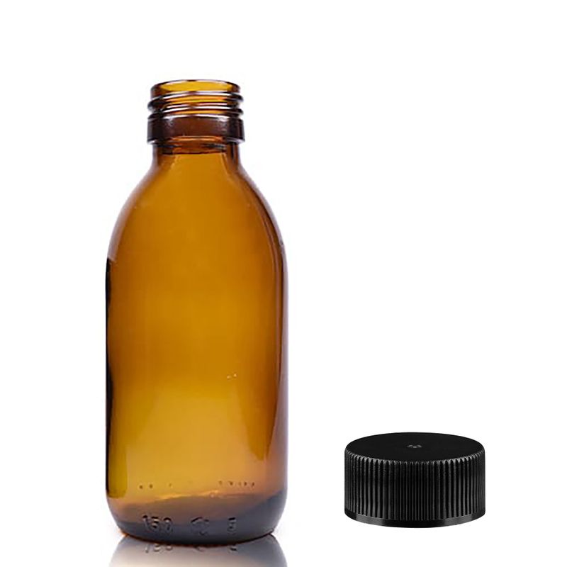 150ml Amber Glass Medicine Bottle with Black Plastic Cap