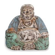 Vintage Blue Mint Hand Carved Buddha Statue - 30cm - Happy Buddha - Damaged Piece