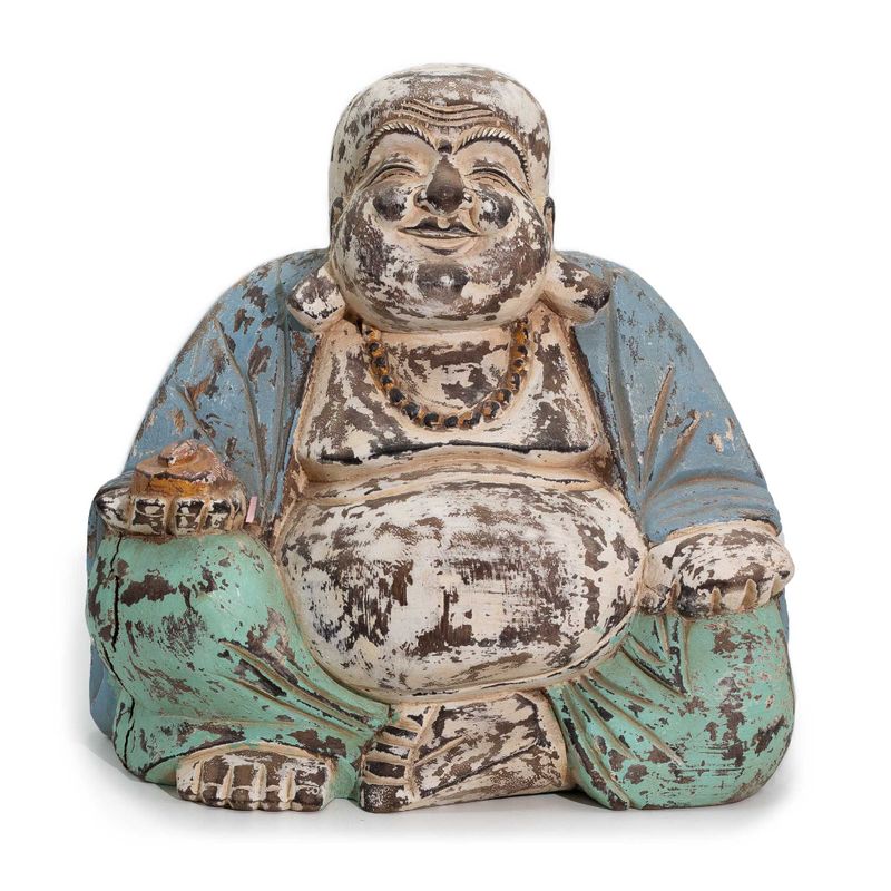 Vintage Blue Mint Hand Carved Buddha Statue - 30cm - Happy Buddha - Damaged Piece