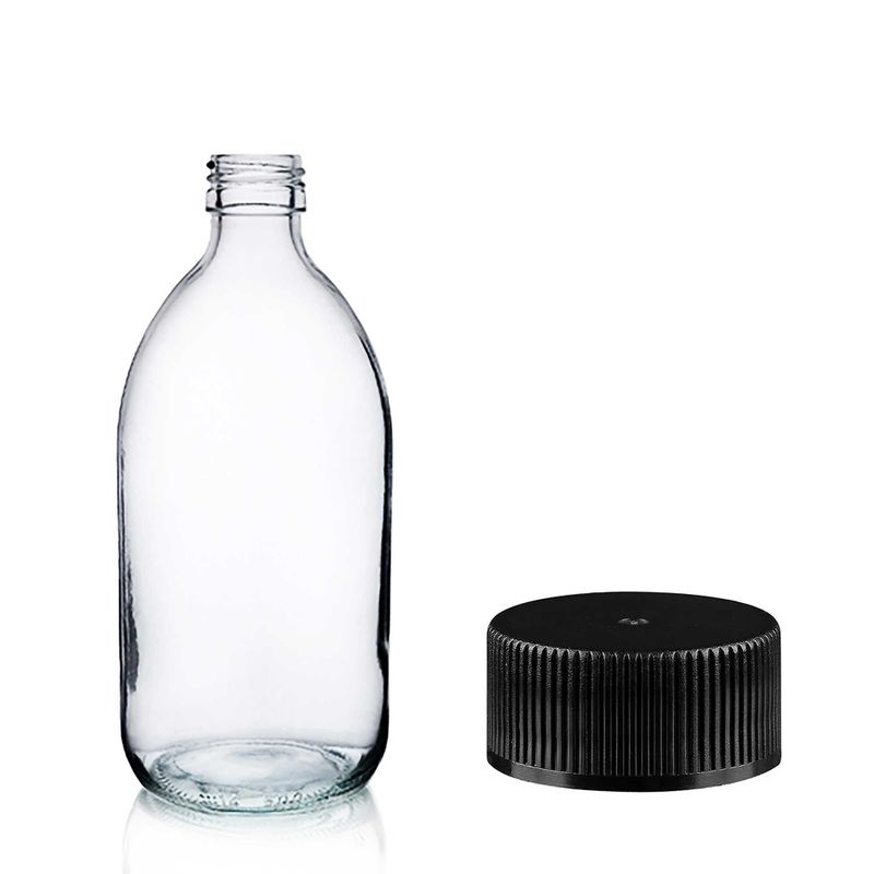 150ml Clear Glass Medicine Bottle with Black Plastic Cap