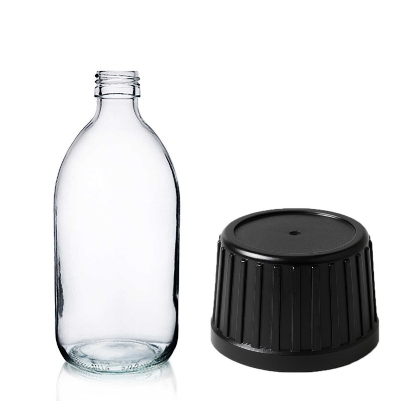 150ml Clear Glass Medicine Bottle with Black Tamper Evident Cap