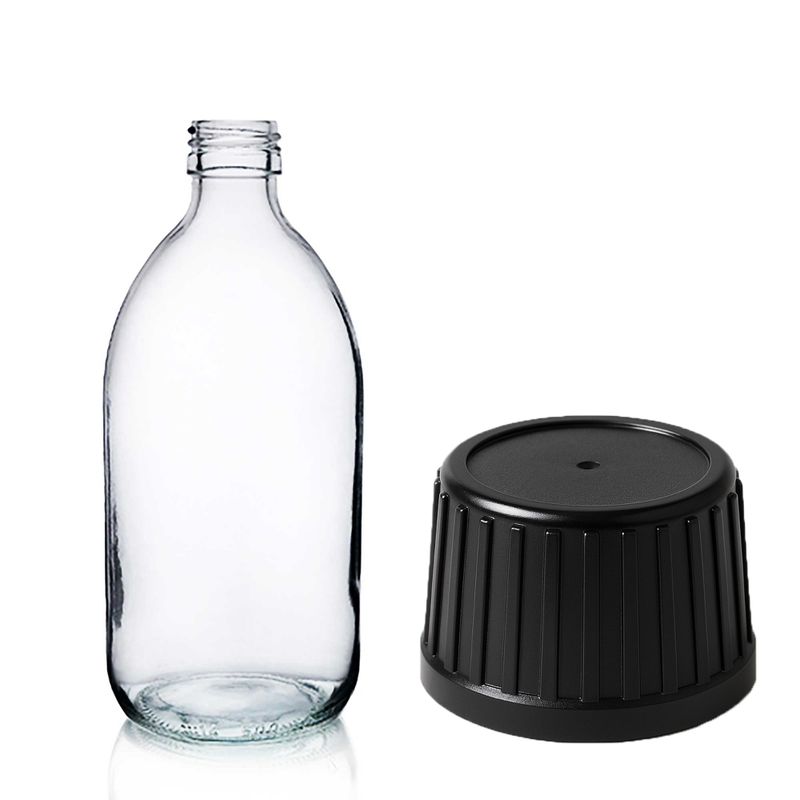 200ml Clear Glass Medicine Bottle with Black Tamper Evident Cap