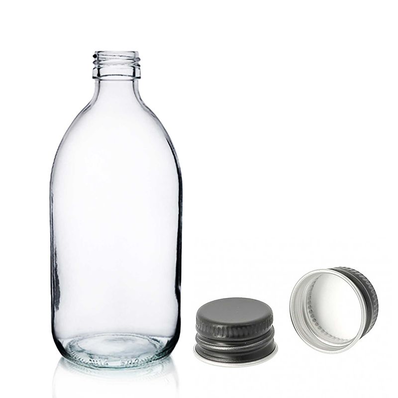 300ml Clear Glass Medicine Bottle with Black Aluminium Cap