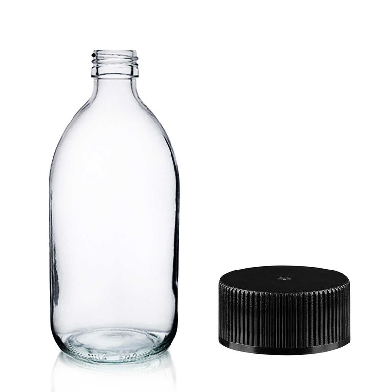 300ml Clear Glass Medicine Bottle with Black Plastic Cap