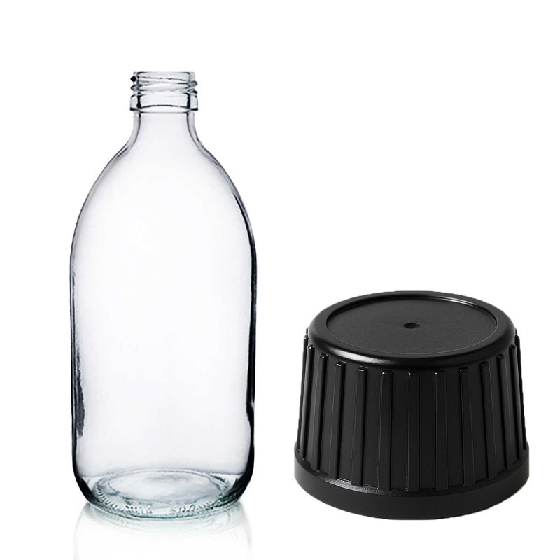 300ml Clear Glass Medicine Bottle with Black Tamper Evident Cap