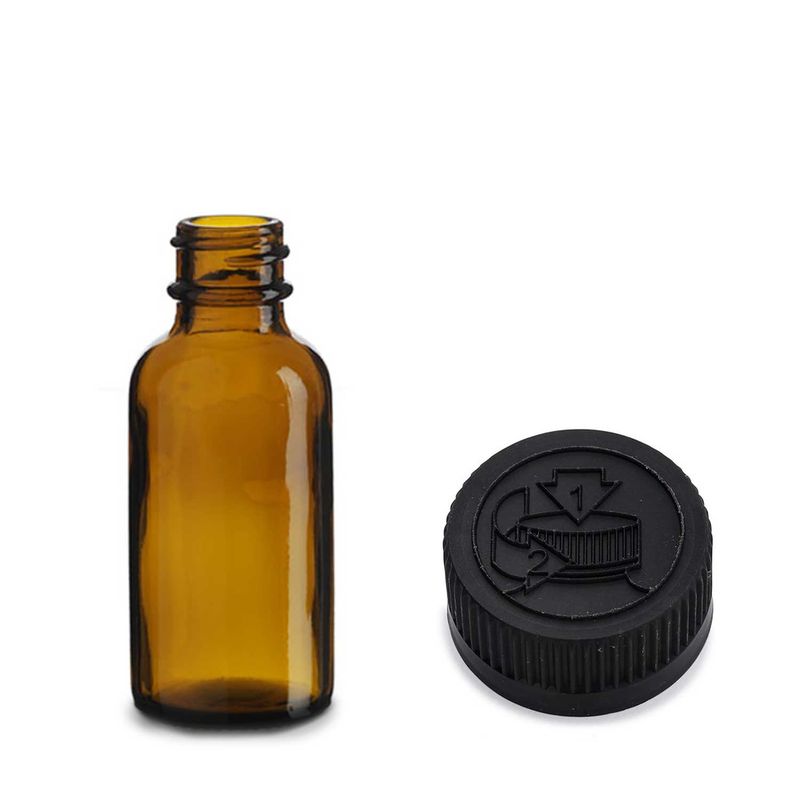 30ml Amber Glass Boston Bottle with Child Resistant Black Plastic Cap