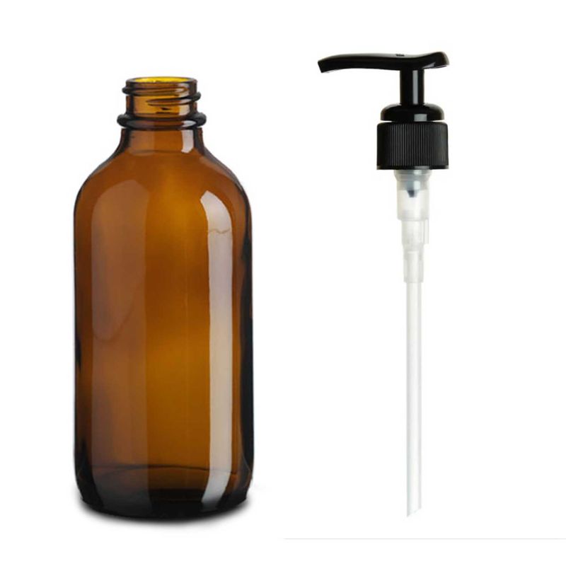 230ml Amber Glass Boston Bottle with Pump Black Plastic Cap