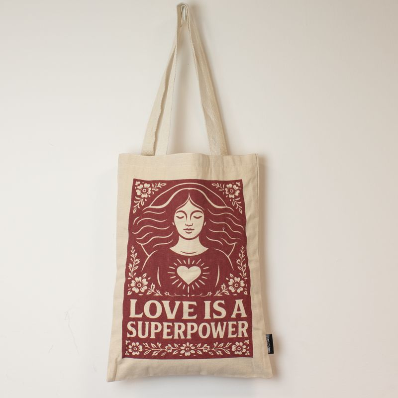 Iconic Toni Tote Bag - Love is a Super Power (41x31cm) - Natural 10oz - Inside pocket and zip closure