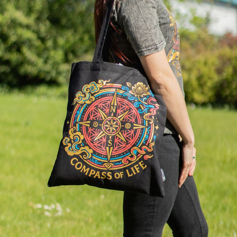 Iconic Classic Tote Bag - Compass of Life - Black 6oz (40x36cm)