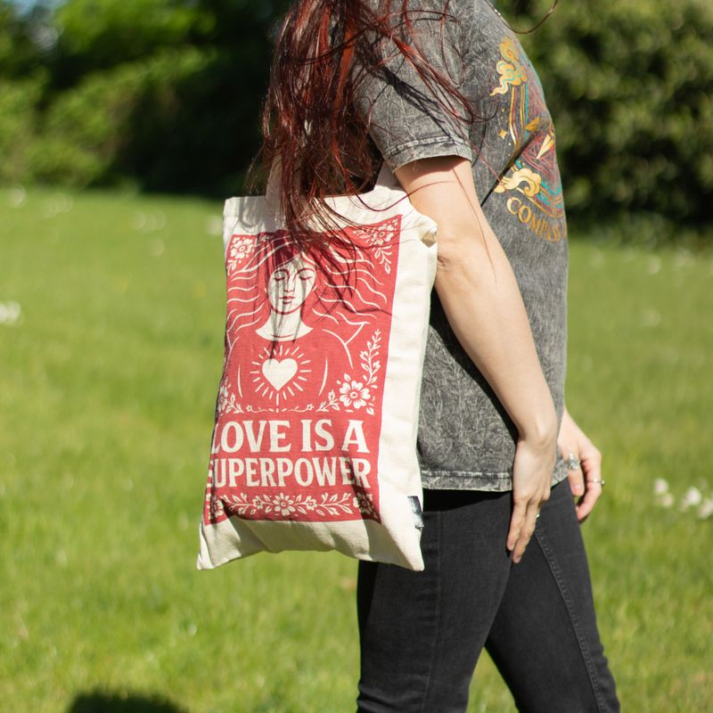 Iconic Toni Tote Bag - Love is a Super Power (41x31cm) - Natural 10oz - Inside pocket and zip closure
