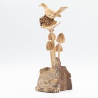Handmade Parasite Wood Art Carving - Bird & Bee on Mushrooms