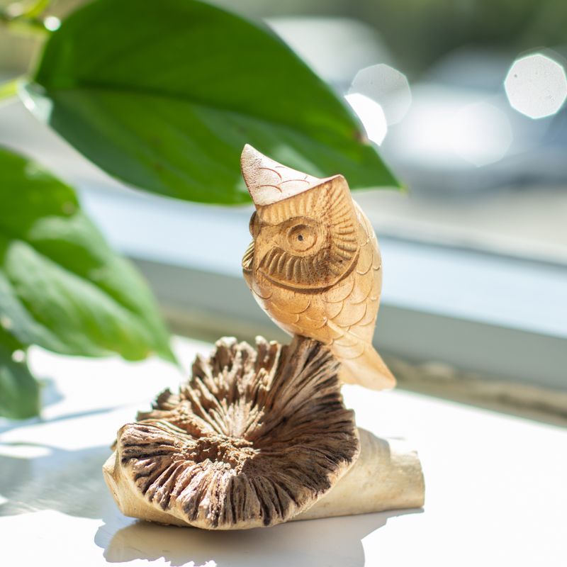 Handmade Parasite Wood Art Carving - Owl Watching