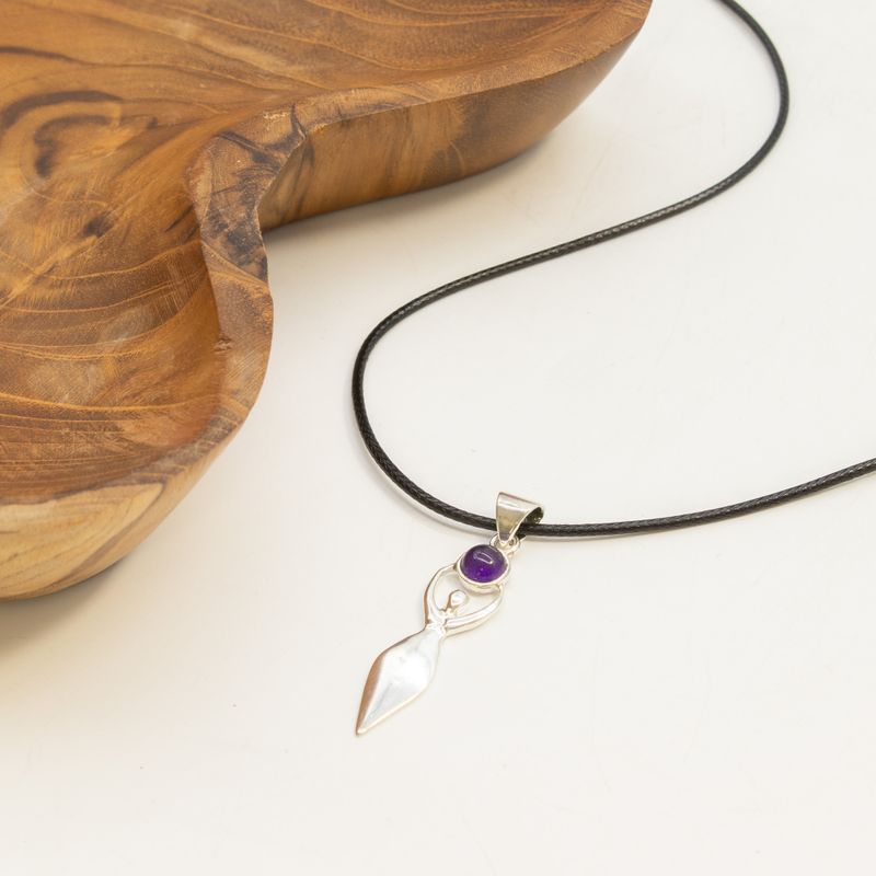 Indian Devotional Pendants - Silver Plated (45cm Cord)- Goddess Amethyst