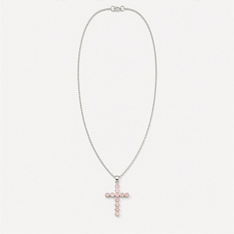 Indian Devotional Pendants - Silver Plated (45cm Chain)- Rose Quartz Crucifix