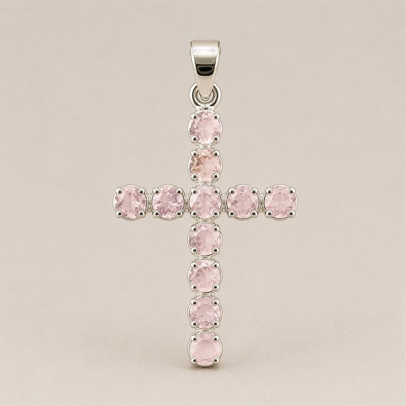 Indian Devotional Pendants - Silver Plated (45cm Chain)- Rose Quartz Crucifix