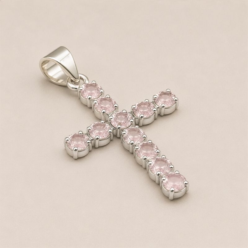 Indian Devotional Pendants - Silver Plated (45cm Chain)- Rose Quartz Crucifix