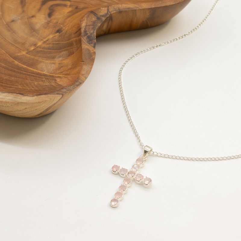 Indian Devotional Pendants - Silver Plated (45cm Chain)- Rose Quartz Crucifix