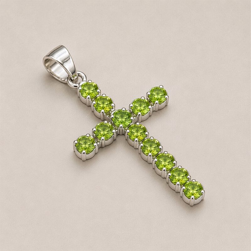 Indian Devotional Pendants - Silver Plated (45cm Chain)- Peridot Crucifix
