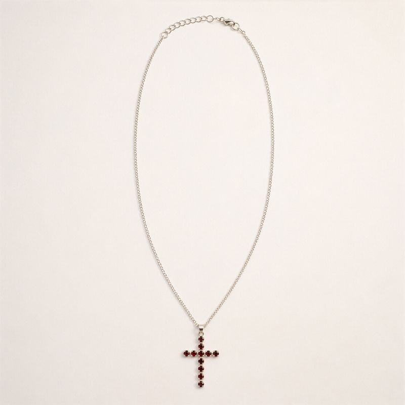 Indian Devotional Pendants - Silver Plated (45cm Chain)- Garnet Crucifix