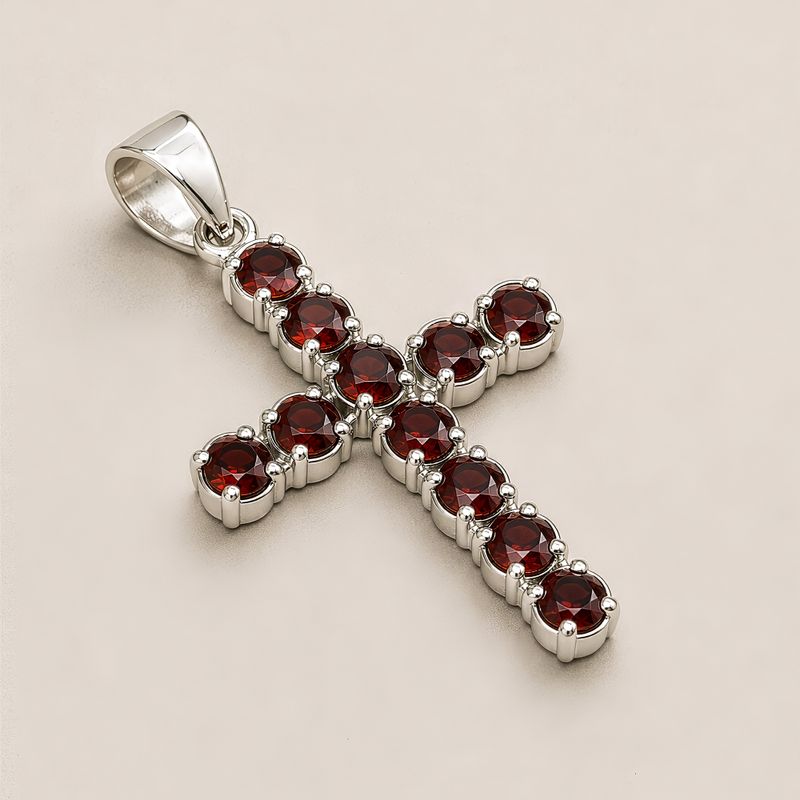 Indian Devotional Pendants - Silver Plated (45cm Chain)- Garnet Crucifix
